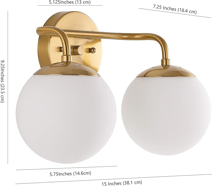 JONATHAN Y JYL3535A Louis Parisian Globe 15" 2-Light Metal/Frosted Glass Modern Contemporary LED Vanity Midcentury Glam 2700K LED 4W Bulbs Entryway Lobby Kitchen Bathroom Bedroom Hallway, Brass Gold