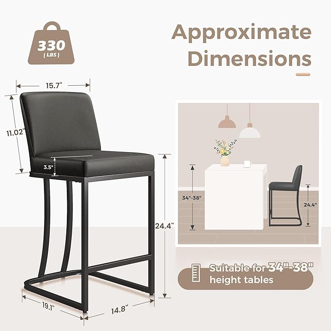 MAISON ARTS Counter Height Bar Stools with Back Set of 4 for Kitchen Counter, 24 Inch Modern Upholstered Faux Leather Barstools Farmhouse Bar Chairs Luxury Island Stools Support 330LBS, Grey