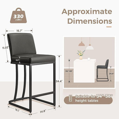MAISON ARTS Counter Height Bar Stools with Back Set of 4 for Kitchen Counter, 24 Inch Modern Upholstered Faux Leather Barstools Farmhouse Bar Chairs Luxury Island Stools Support 330LBS, Grey