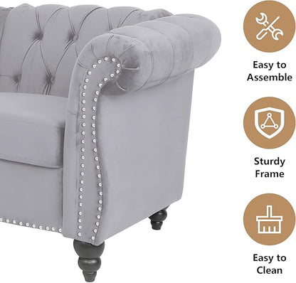 2 Piece Living Room Sofa Set, 3 Seater Velvet Sofa Couch and Chair Set, Mid Century Modern Upholstered Couch with Cushions, Comfy Tufted Chesterfield Couches for Living Room, Bedroom, Office