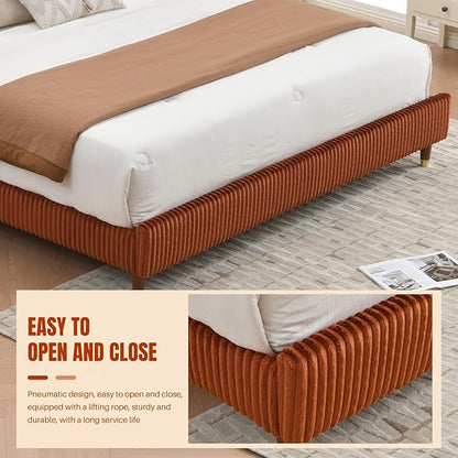 PINJU King Size Bed Frame, Upholstered Platform Bed with Modern Vertical Striped Wingback Headboard with Wooden Slats, Easy to Assemble No Noise Free (OCHER, King (U.S. Standard))