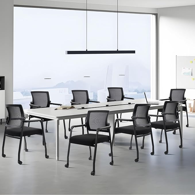 8PK Office Guest Chairs No Wheels | Ergonomic Lumbar Support and Thicked Seats Cushion, Desk Chair with Adjustable Mesh Back for Waiting Room School Church Reception，Black