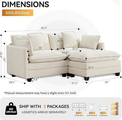 76'' Cloud Deep Seat Loveseat Sofa, Upholstered Chenille Modular 3-Seats Sectional Sofa Couch with Movable Ottoman, Modern Comfy Settee Loveseat for Living Room Set, Small Apartment, Beige