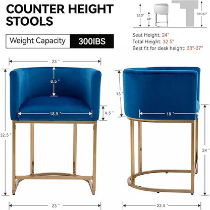 Contemporary Blue Velvet Bar Stools Set of 4, 24" Upholstered Fabric Counter Height Barstools Kitchen Counter Island Stools with Golden Metal Base
