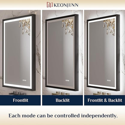 Keonjinn Black LED Mirror for Bathroom 40 x 32 Inch with Frontlit & Backlit, Metal Frame Mirror with Stepless 3-Color Lights, Antifog Dimmable, UL-Listed Driver,Tempered Glass(Horizontal/Vertical)