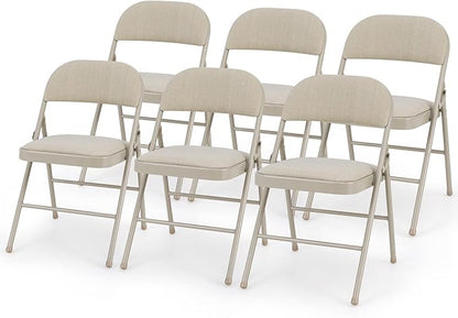 GOFLAME 6 Pack Folding Chairs, Fabric Dining Chair Set with Padded Seat & Metal Frame, Indoor Outdoor Upholstered Commercial Seat for Home Office Events Wedding Party, Beige