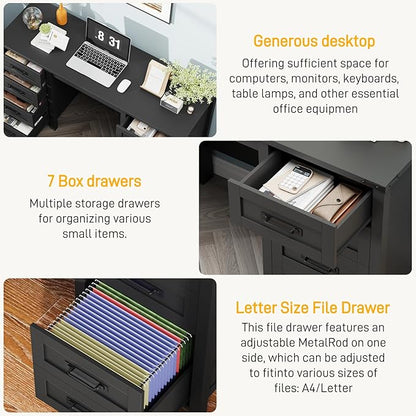 Vabches Farmhouse 60.6” Executive Desk with 7 Drawers, Computer Desk with File Drawer for Hanging Files A4, Workstation for Home Office, Study.Black