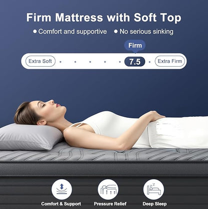 Firm King Size Mattress 14 Inch Hybrid King Mattress with Gel Memory Foam-Cooling Ice Silk Top, Support&Back Pain Relief, Individual Pocket Spring, CertiPUR-US Certified Mattress in a Box