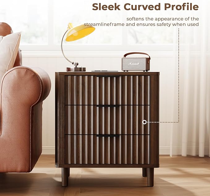Fluted Nightstand Set of 2, Multifunctional 3 Drawers Storage Bedside Table with Charging Station, Wood Modern Nightstand, Curved Profile Design, End Table for Indoor Room Bedroom, Walnut