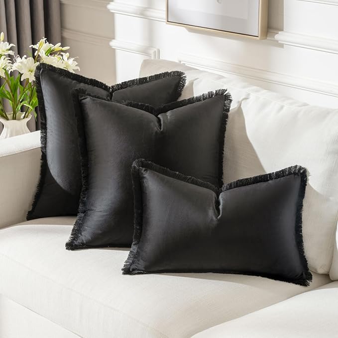 FUTEI Black Velvet Decorative Throw Pillow Covers 18x18 Set of 2,Soft Cozy Edge with Tassels Cushion Case,Boho Modern Home Decor for Couch Bed Living Room
