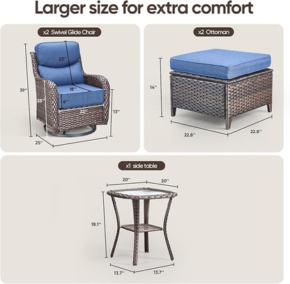 Swivel Patio Chairs sofa Set of 5 with 6" Thick Cushion - Wicker Outdoor Swivel Rocker Patio Chair with Side Table, High Back Comfortable Outdoor Glider Chairs - Brown Wicker | Blue Cushions