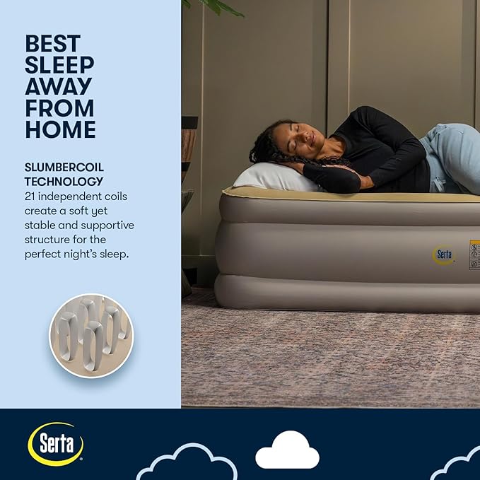 Serta Raised Air Mattress with Never Flat Pump | Luxury Inflatable Mattress with Built in Air Pump to Ensure a Good Night’s Rest | Heavy Duty Blow Up Mattress with Self Inflating Pump
