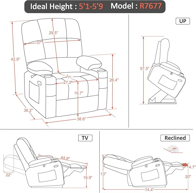 MCombo Oversized Dual Motor Power Lift Recliner Chair Sofa with Massage and Heat for Big Elderly People, Infinite Position, USB Ports, Fabric R7677 (Grey, Medium-Oversize)