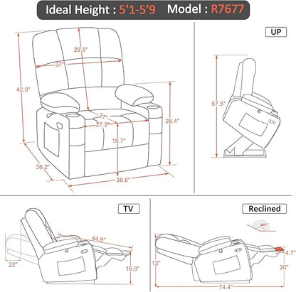 MCombo Oversized Dual Motor Power Lift Recliner Chair Sofa with Massage and Heat for Big Elderly People, Infinite Position, USB Ports, Fabric R7677 (Brown, Medium-Oversize)