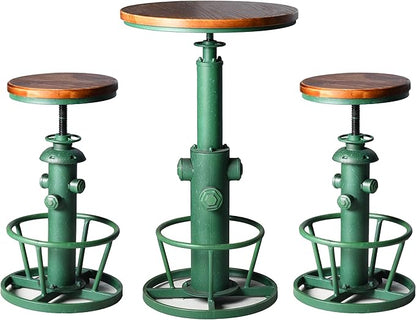 Topower 3 Piece Pub Bar Set Retro Round Bar Table and Stools for 2 Height Adjustable Pub Desk and Stools Match Bar Height and Counter Barstool Antique Green(1 Table + 2 Chairs)