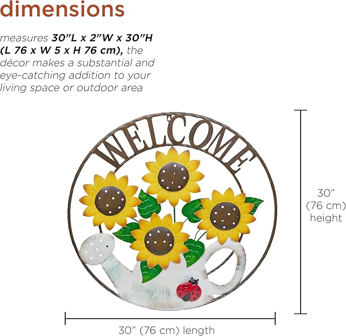 Alpine Corporation SCC580L Round Sunflowers Welcome Wall Decoration, Sign for Entryways, 30" H