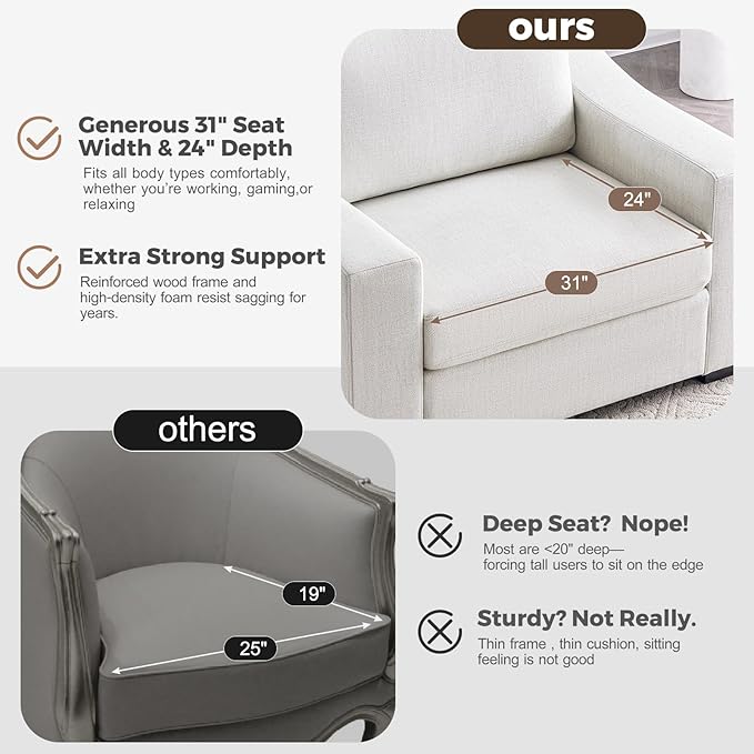 ABCASA Accent Chairs Set of 2,Living Room Furniture Set,Oversized Single Sofa with Extra Wide Armrest,Detachable Cover,Comfy Upholstered Reading Chairs for Office,Apartment,Dorm,Linen,Ivory