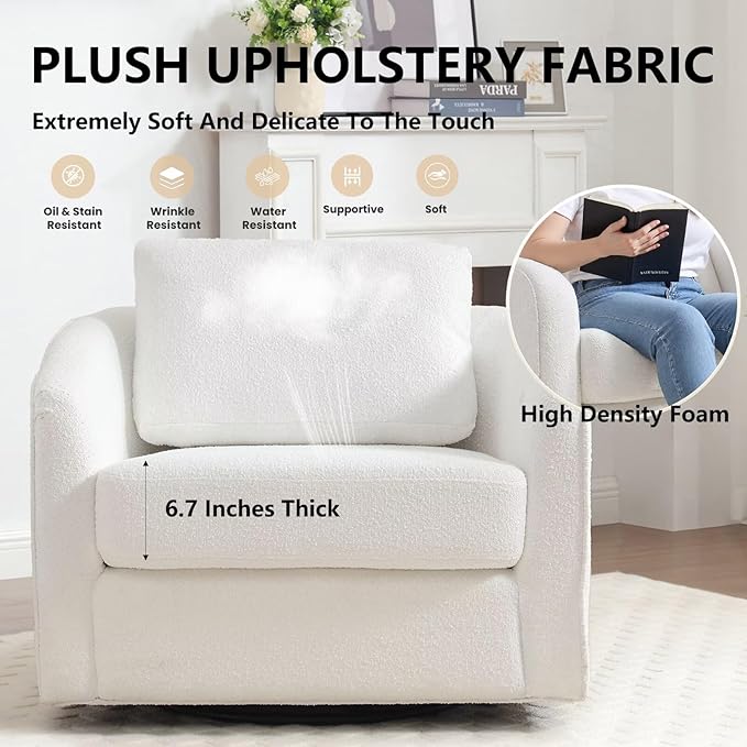 MINCETA Accent Chairs Set of 2, 360° Swivel Barrel Chair with High Density Foam, Oversized Reading Chair with Sherpa Teddy Upholstered Armchair for Living Room, Bedroom, Apartment White