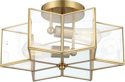 Bofea-Gold Ceiling Light Modern Semi Flush Mount Ceiling Lights Vintage Hallway Lights Fixture Brass Star Flush Light Fixture Unique Glass Semi Flush Mount Chandelier for Bedroom Foyer Entry Lamp