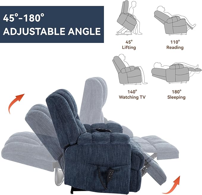 Power Lift Recliner Chair for Elderly, Oversized Chenille Electric Recliners Chairs for Living Room, Dual Motor 180° Lay Flat Recliner Big Sofa with Massage and Heating, Heavy-Duty, Blue