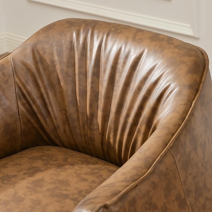 KINWELL 33" W Faux Leather Barrel Chairs Set of 2 with Hand-Tufted Pleated Back Flared Arms, Modern PU Upholstered Accent Chairs with Metal Legs, Large Armchairs Lounge Chairs for Living Room, Coffee