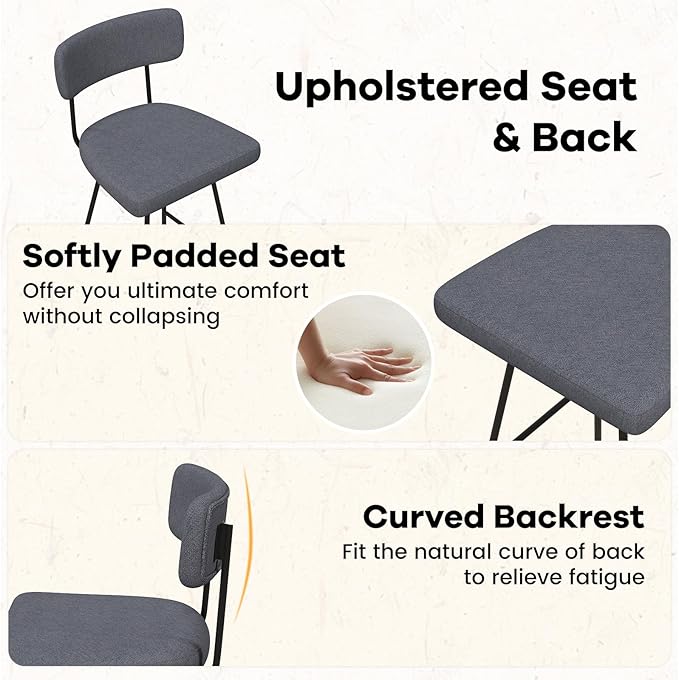 COSTWAY Bar Stools Set of 2, 25” Upholstered Counter Height Bar Stools with Back, 360° Swivel Dining Chairs with Heavy-Duty Metal Legs and Footrests, for Kitchen Island, Dining Room, Bar (2, Grey)