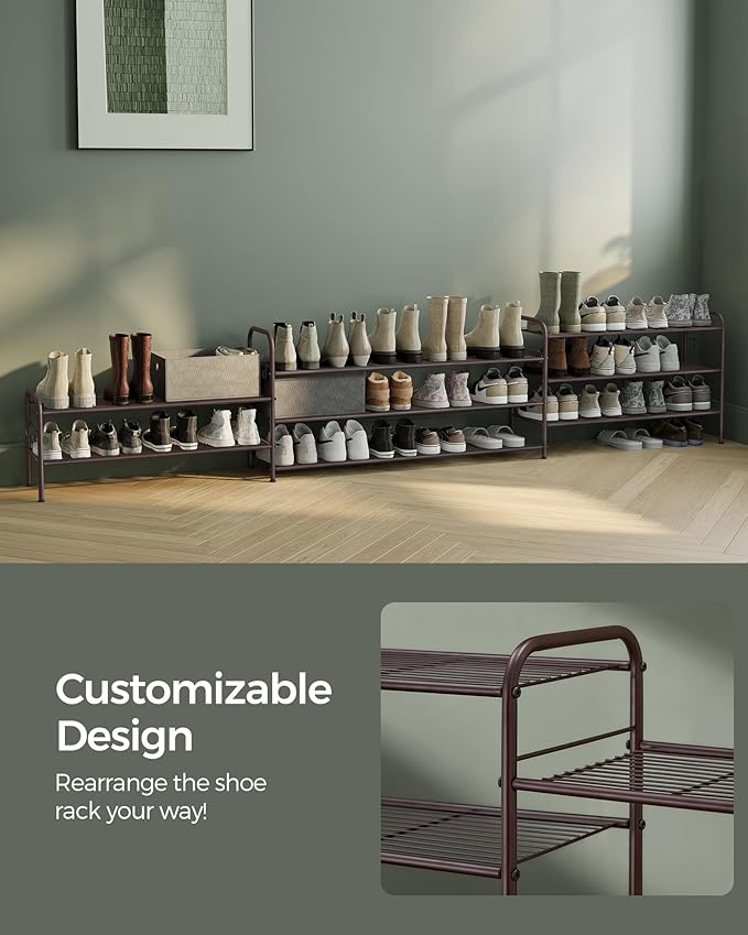 SONGMICS 2-Tier Shoe Organizer, Metal Shelf Storage With 4 Side Hooks, Holds 10 Pairs, Height-Adjustable Rack for Entryway, Hallway, Closet, Easy Assembly, Chestnut Brown