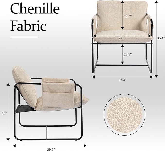 Modern Accent Chair Set of 2 Comfortable Living Room Chairs with Armrests, Bedroom Reading Chair, Chenille Upholstered Lounge Metal Chair