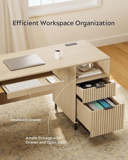 Fluted Executive Desk, 55" Modern Wood Home Office Desk with Charging Station, File Drawer, Open Storage, Computer Writing Desk for Work Study Writing, Light Oak