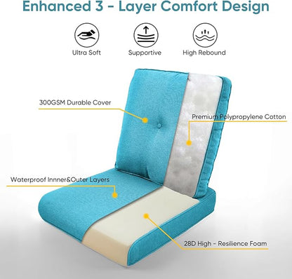 7-Piece Outdoor Patio Cushion Set - Fade & Water Resistant with Removable Olefin Cover, 22x24x4 Inch Memory Foam Cushions for Wicker Sectional Sof - Teal/Buckle