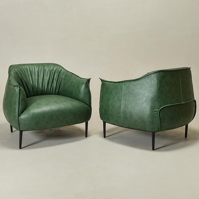 KINWELL 33" W Faux Leather Barrel Chairs Set of 2 with Hand-Tufted Pleated Back Flared Arms, Modern PU Upholstered Accent Chairs with Metal Legs, Large Armchairs Lounge Chairs for Living Room, Green
