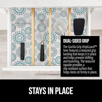 GORILLA GRIP DripGuard Shelf Liner, Non Adhesive Drawer and Kitchen Cabinet Protector, Slip Resistant BPA Free Smooth Surface Plastic Liners for Cabinets, Bathrooms, Closets, 17.5x120 Inch, Spiral