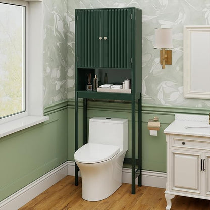 Tangkula Over The Toilet Storage Cabinet, Bathroom Space Saver with Fluted Doors Adjustable Shelf & Bottom Bar, Freestanding Above Toilet Storage Cabinet Organizer for Laundry, Restroom (Forest Green)