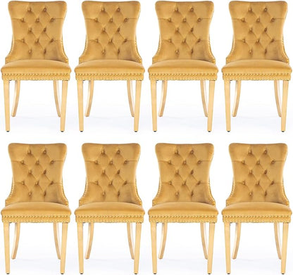 Velvet Upholstered Dining Chairs Set of 8, Modern Style Kitchen Side Chairs with Nailhead Trim and Gold Plated Leg, Metal Pulling Ring for Dining Room Living Room(Gold-Gold Plated Leg)