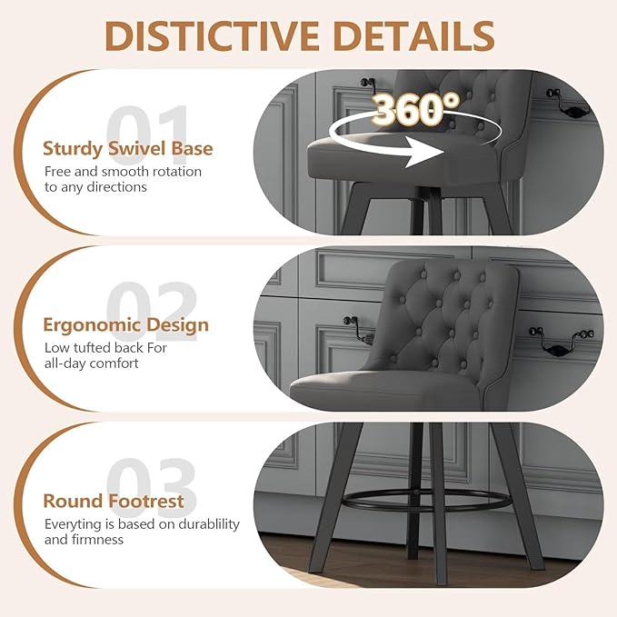 MINCETA Bar Stool, PU Leather Barstool, 26 Inch Upholstered Counter Stool with Low Tufted Back and Footrest, Swivel Counter Height Barstool for Kitchen Island Home Bar Dark Gray