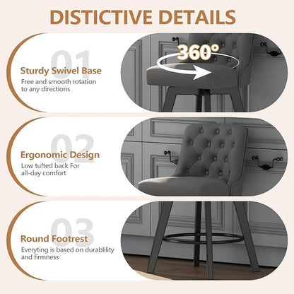 MINCETA Bar Stools Set of 3, PU Leather Barstools, 26 Inch Upholstered Counter Stools with Low Tufted Back and Footrest, Swivel Counter Height Barstools for Kitchen Island Home Bar Dark Gray