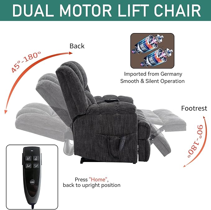 Power Lift Recliner Chair for Elderly, Oversized Chenille Electric Recliners Chairs for Living Room, Dual Motor 180° Lay Flat Recliner Big Sofa with Massage and Heating, Heavy-Duty, Grey