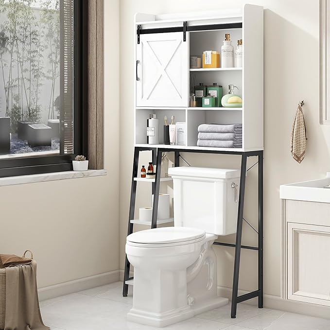 Over The Toilet Storage Cabinet, Farmhouse Storage Cabinet Over Toilet with Sliding Barn Door,Home Space-Saving Toilet Rack, for Bathroom, Restroom, Laundry.(White)