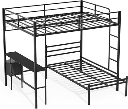 Queen Over Twin Bunk Bed with Desk - Detachable Queen Loft Bed with Drawers & Shelves, L-Shaped Create Spacious Home Office or Lounge Underneath - Sturdy Metal Frame Family-Friendly for All Ages