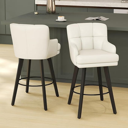 360°Swivel Counter Height Bar Stools with Back, 30 inch Solid Wood Legs, Bar Stool Modern Kitchen Island Chairs, Faux Leather (Beige- Faux Leather, 30" H- Set of 2)