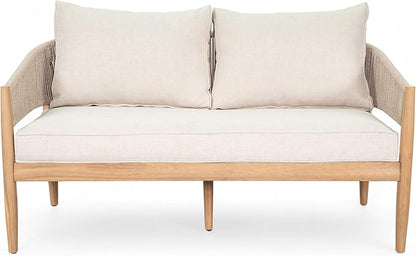 Christopher Knight Home Katarina Patio Acacia Wood Loveseat Furniture, Outdoor Loveseat Sofa with Comfy Fabric Cushions, 2-Seater Sofa with Handwoven Rope Backrest for Garden, Light Brown+Beige