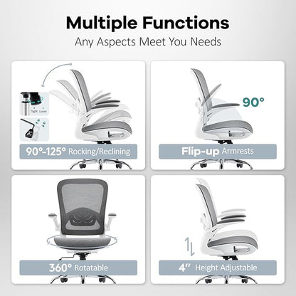 Office Chair Mesh Seat,Ergonomic Mesh Desk Chair with Adjustable Lumbar Support,Computer Chair with Flip-up Armrests, Rolling Executive Chairs, Home Office Chair(Grey)