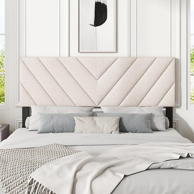 Giantex Linen Upholstered Headboard, Adjustable Width Button Tufted Headboard Only with Solid Wood Legs, Attach Frame, Rectangular Headboard for Queen Full Size Bed, Beige