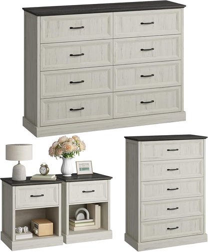 CARPETNAL Farmhouse Dresser and Nightstand Sets for Bedroom, 4 Pcs Bedroom Set, 5 Drawer & 8 Drawer Dresser and Nightstand Set of 2, Wood Chest of Drawers for Living Room, Entryway, White
