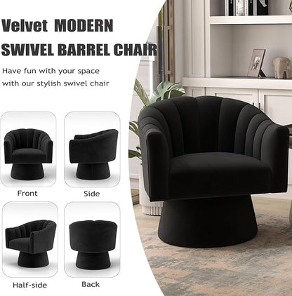Swivel Accent Chair Set of 2, Upholstered Velvet 360° Swivel Barrel Chair for Living Room Overstuffed Bouncle Reading Chair Round Armchair for Bedroom,Vanity,Office (Black)