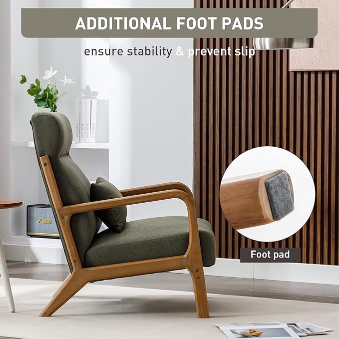 ANJHOME Mid Century Modern Accent Chair with High Back, Single Lounge Armchair with Solid Wood Frame, Comfy Reading Chair for Living Room, Easy Assembly