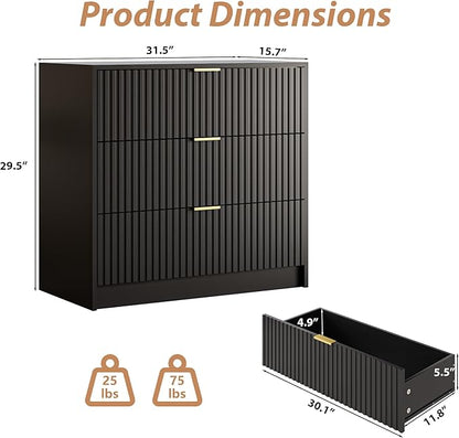 3-Piece Dresser Bedroom Set, 9 Drawer Dresser & 3 Drawer Nightstands with Gold Handles, Fluted Wood Chest of Drawers for Bedroom, Living Room, Entryway, Black