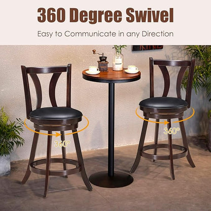 COSTWAY Bar Stools Set of 4, 360-Degree Swivel Stools with Leather Padded Seat, Single Slat Back & Solid Rubber Wood Legs, Counter Height Stools for Pub, Restaurant, Kitchen, Brown (4)