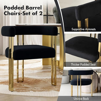 Black and Gold Modern Dining Chairs Set of 2, Velvet Upholstered Barrel Armchairs with Metal Legs for Kitchen Island, Mid Century Accent Chairs for Dining Room Living Room, Open-Back