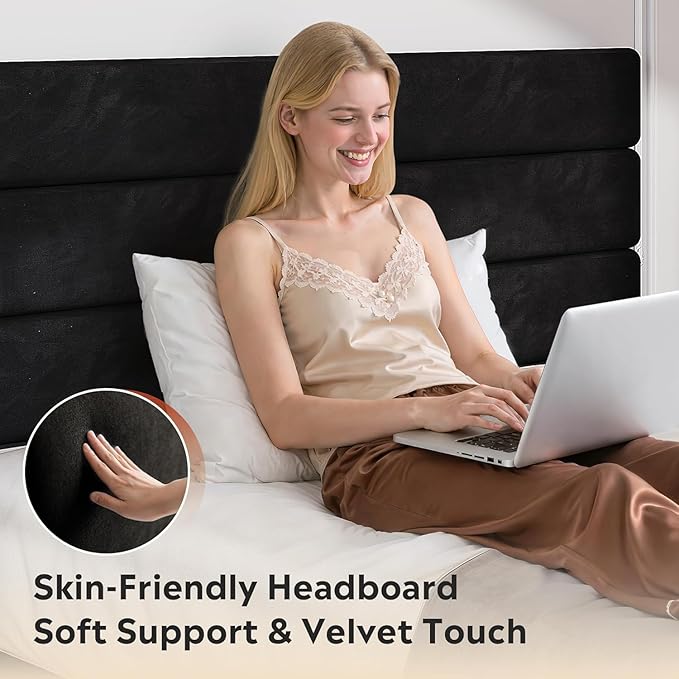 WLIVE Full Size Upholstered Bed Frame, Velvet Square Tufted Headboard,Sturdy Metal & Wooden Slats Support, No Box Spring Needed, Black
